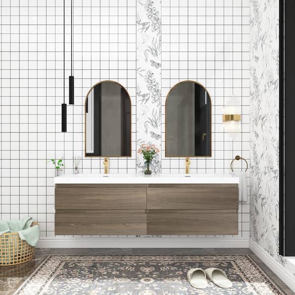 Unbranded 72 in. W x 19 in. D Double Sink Wall-Mounted Bathroom Vanity in Ash Grey with Glossy White Cultured Marble Top