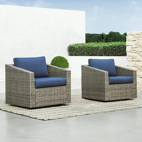 Spruce & Spring Cyril Grey Fabric 360-Degree Swivel Wicker Arm Chair Accent Chair with Blue Cushions for Outdoor and Indoor (Set of 2)