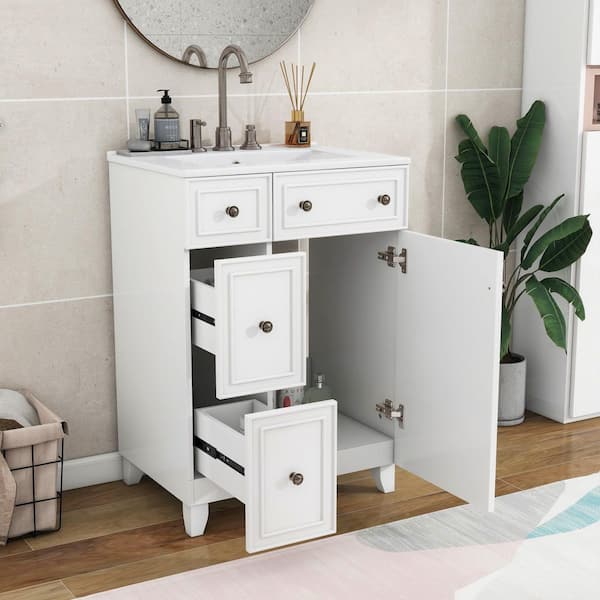 24 in. W x 18 in. D x 34 in. H Single Sink Freestanding Bath Vanity in White with White Ceramic Top and Cabinet