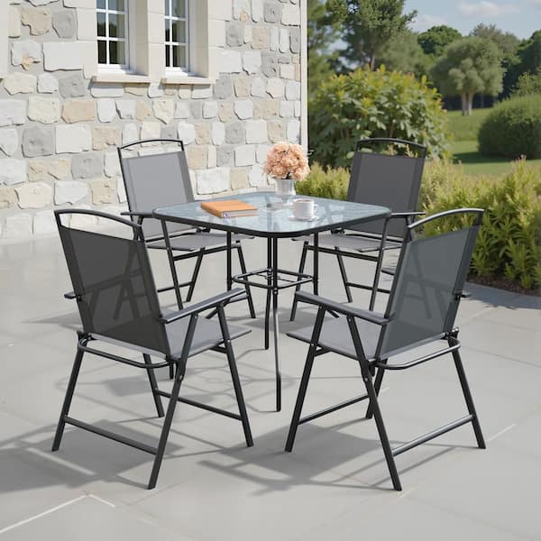 Gray 5-Piece Outdoor Dining Set with Square Dinning Table and Patio Foldable Dining Chairs