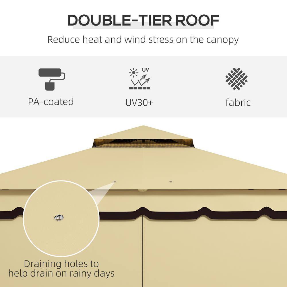Beige and Brown Double Roof Patio Gazebo with Netting and Curtains