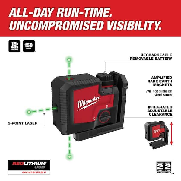 Green 100 ft. 3-Point Rechargeable Laser Level with REDLITHIUM Lithium-Ion USB Battery and Charger and Track Clip