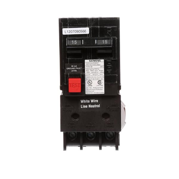 Siemens 15 Amp Double Pole Type QE Ground Fault Equipment Protection Circuit Breaker