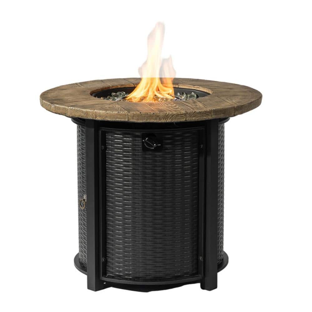 30" 50000 BTU Round Propane Gas Fire Pit Table with Lid, Wood Grain Finish Steel Outdoor Heater for Patio and Garden