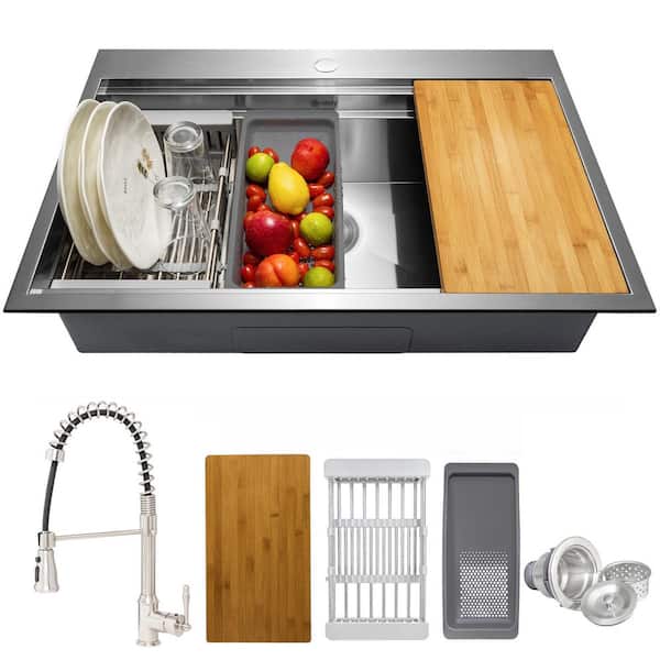 Handmade All-in-One Drop-in Stainless Steel 30 in. x 22 in. Single Bowl Workstation Kitchen Sink with Spring Neck Faucet