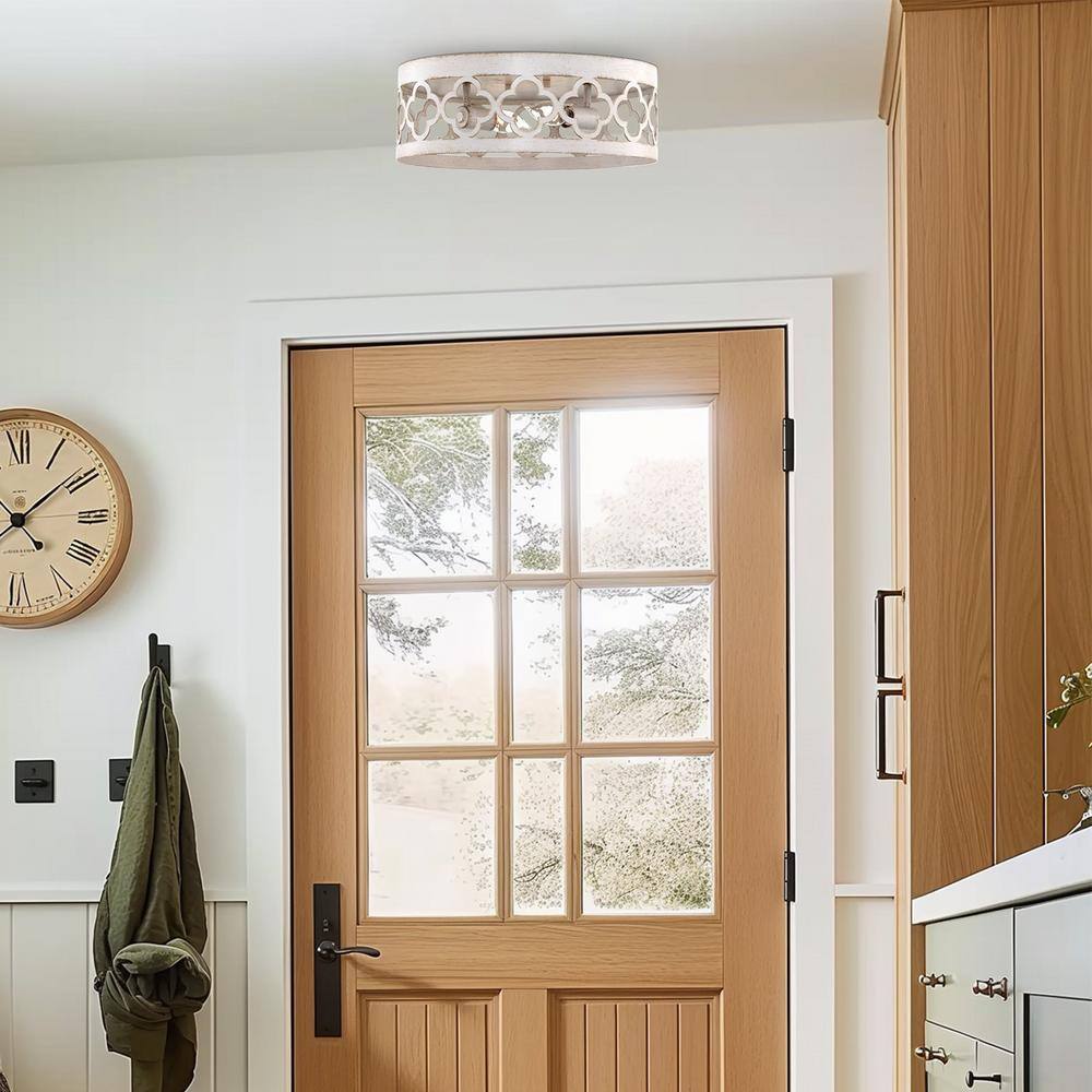 Antique White Metal Drum Flush Mount Ceiling Light, Modern Design