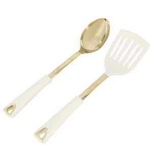 Lockton 2 Piece Stainless Steel Slotted Turner and Spoon Kitchen Tool Set in Linen w/ Gold