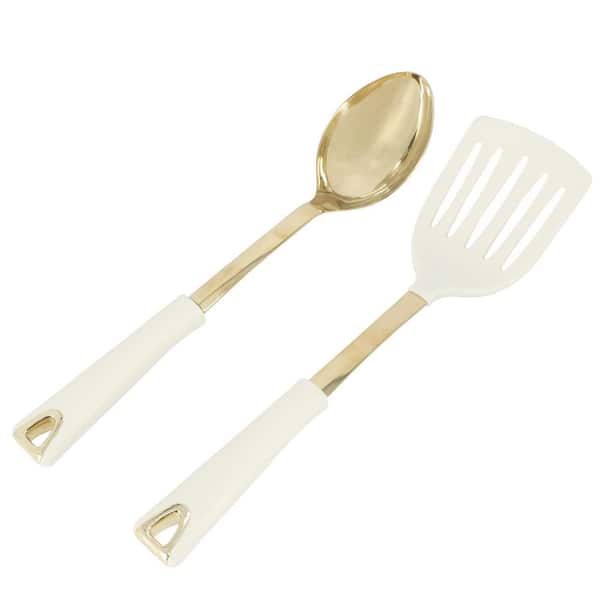 Martha Stewart Lockton 2 Piece Stainless Steel Slotted Turner and Spoon Kitchen Tool Set in Linen w/ Gold