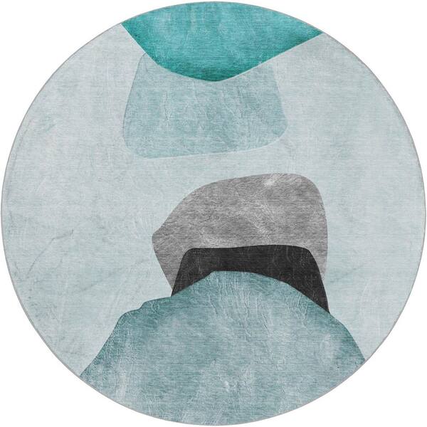 Dream Shag Premium Machine Washable Abstract ADS547 Teal 8 ft. x 8 ft. Round Rug