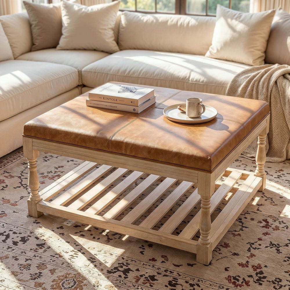 Homsee Natural Wood Brown Leather Square 31.5 in. Ottoman with
