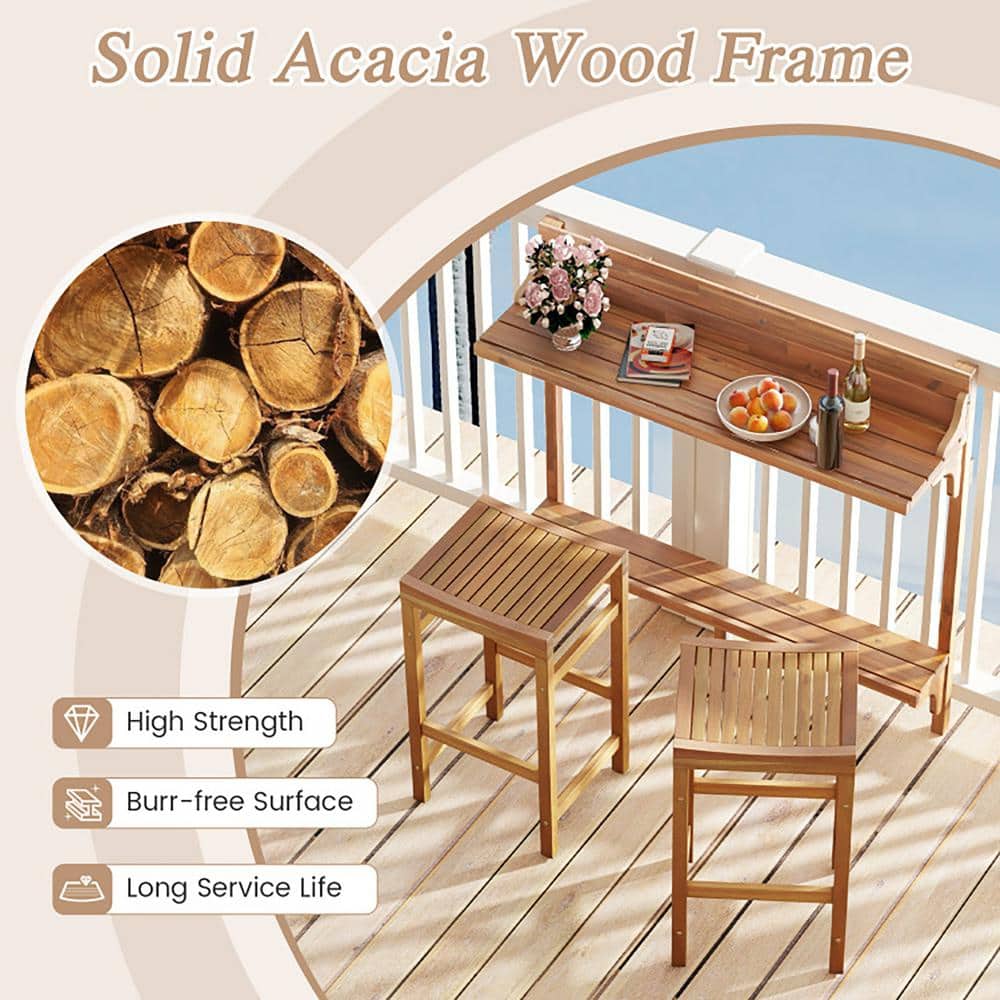 Acacia Wood 3-Piece Balcony Bar Table Set with Footrest