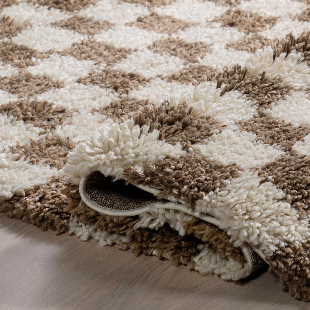 Adelaide Beige and Brown Synthetic Checkered Shag Area Rug 10' x 13'