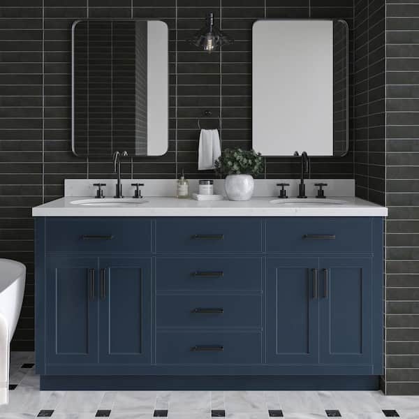 ARIEL Hepburn 66 in. W x 22 in. D x 36 in. H Double Sink Freestanding Bath Vanity in Midnight Blue with Carrara Qt. Top
