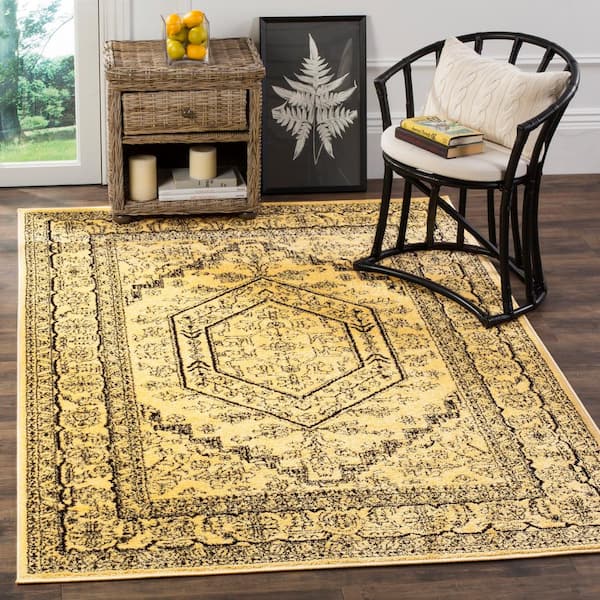 Adirondack Gold/Black 4 ft. x 4 ft. Border Medallion Square Area Rug