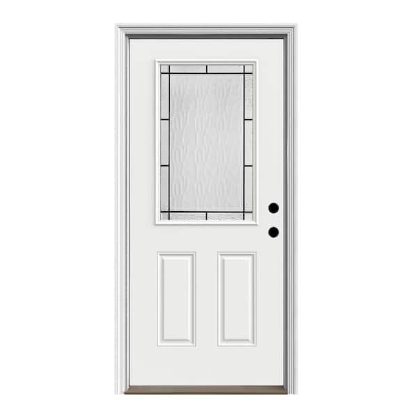 JELD-WEN 36 in. x 80 in. Left-Hand/Inswing Wendover 1/2 Lite Decorative Glass Primed Steel Prehung Front Door with Brickmould