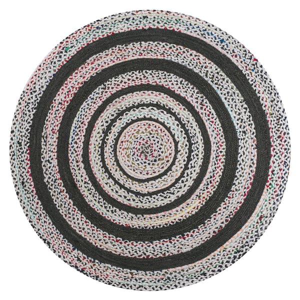 White/Multi 5 ft. Round Abyss Braided Bohemian Coastal Round Jute Area Rug