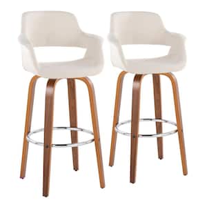 Vintage Flair 29.25 in. Cream Fabric, Walnut Wood and Chrome Metal Fixed-Height Bar Stool Round Footrest (Set of 2)
