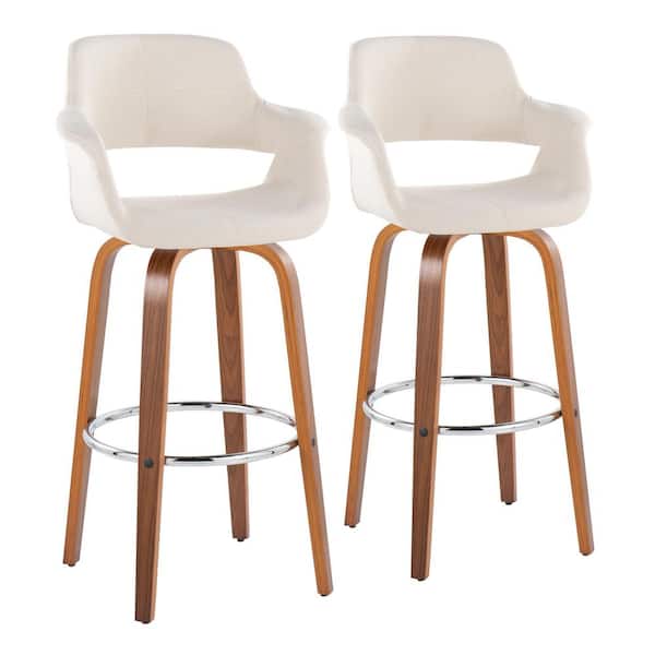 Lumisource Vintage Flair 29.25 in. Cream Fabric, Walnut Wood and Chrome Metal Fixed-Height Bar Stool Round Footrest (Set of 2)