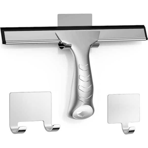 All-Purpose Stainless Steel Shower Squeegee for Glass Doors with 2 Adhesive Hooks, 10 Inch Silver
