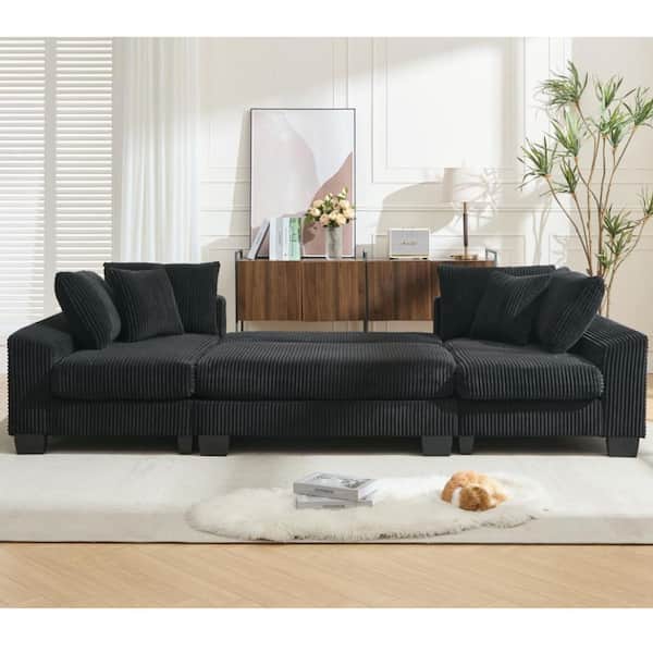 Modern 114 in. Square Arm 3-piece U-Shaped Corduroy Sectional Sofa in. Black with Chaise Lounge