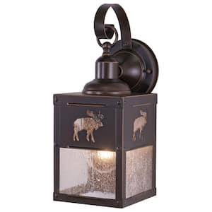 Yellowstone 1-Light Burnished Bronze Rustic Moose Tree Outdoor Wall Sconce Lantern Clear Glass