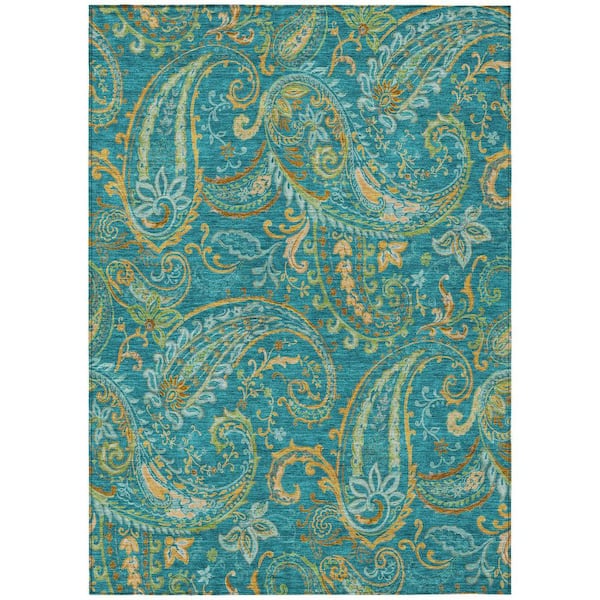 Teal 8 ft. x 10 ft. Woven Paisley Polyester Rectangle Indoor/Outdoor Area Rug