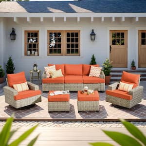 Kelleys 8-Piece Wicker Modern Outdoor Patio Conversation Sofa Set with Swivel Chairs and Orange Red Cushions