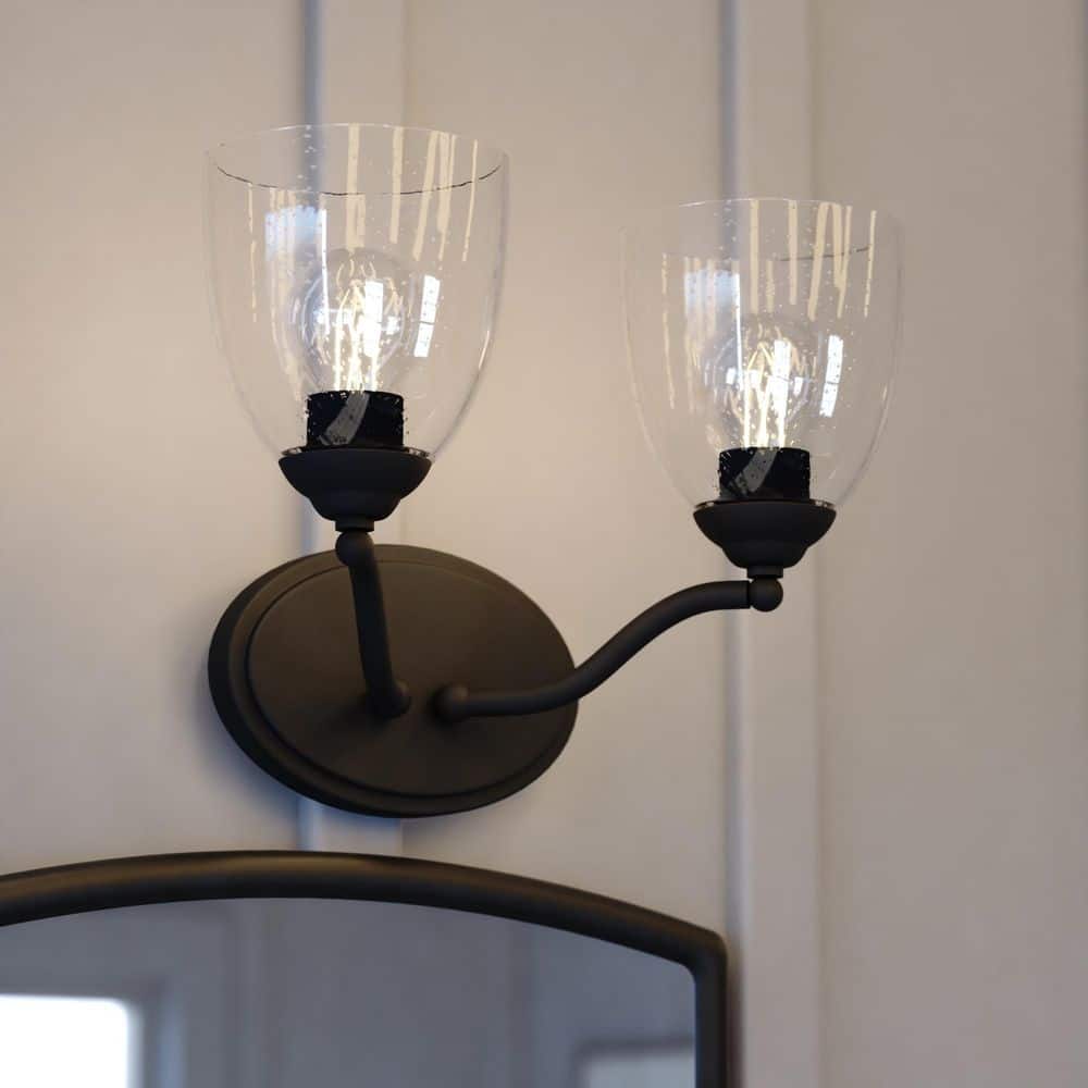 Bellwood 13.5 in. 2-Light Matte Black Vanity Light with Clear Seeded Glass Shade, LED Compatible Bathroom Wall Sconce price history on PriceWatchPro