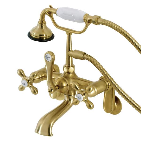 Kingston Brass Aqua Vintage 2-Handle Wall-Mount Clawfoot Tub Faucets with Hand Shower in Brushed Brass