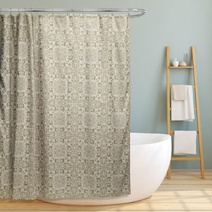Lori 70 in. Taupe Gold Floral Scroll Geometric Canvas Shower Curtain