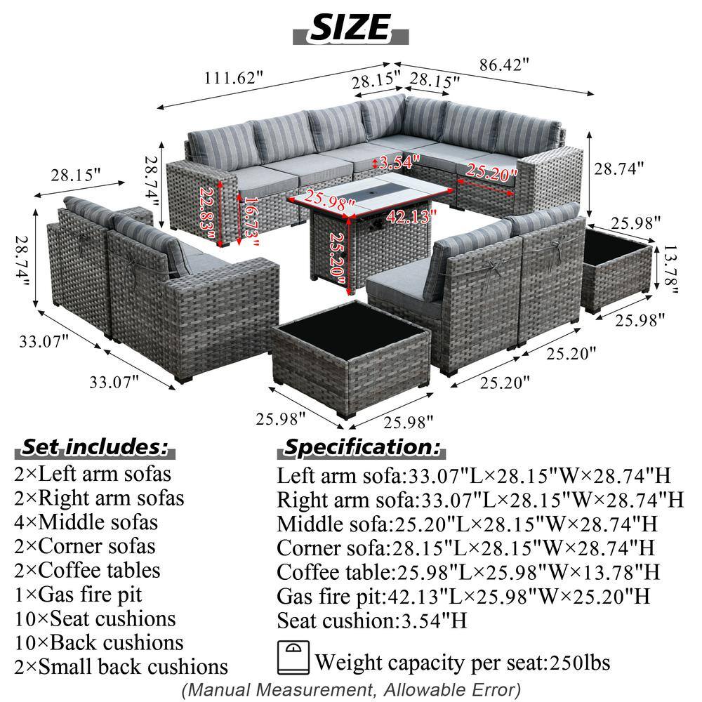 Marlton 13-Piece Gray Wicker Outdoor Sofa Set with Fire Pit