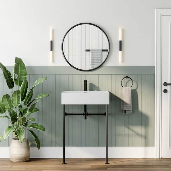 24 in. Ceramic White Rectangular Bathroom Console Sink with Black Legs and Overflow