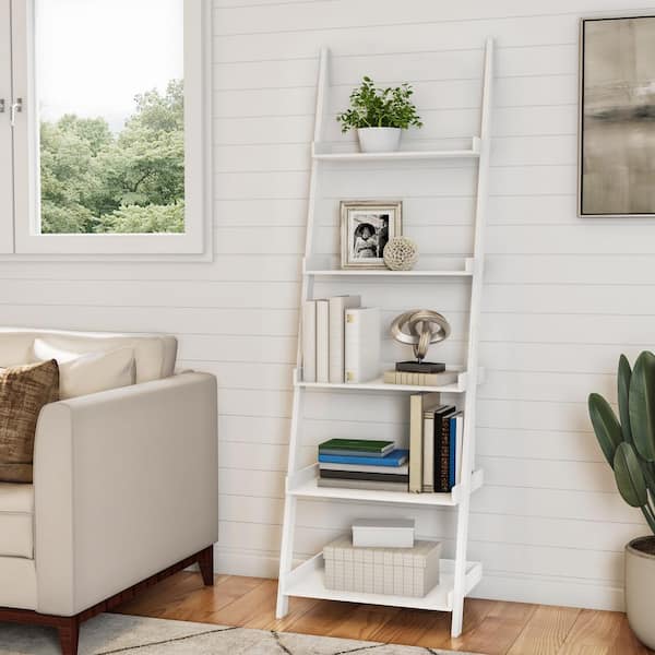 5 Shelf Leaning Ladder Bookcase, 69 In White Wood 4 Shelf Ladder Bookcase With Open Back