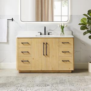 Serene 54 in. Single Freestanding Nature Brown Bath Vanity with Grain White Engineered Stone Top Assembled