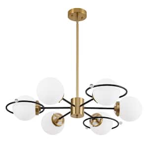 Modern 6-Light Black Ang Gold Sputnik Chandeliers with Milk White Glass Shade and Height Adjustable, Bulbs Not Included