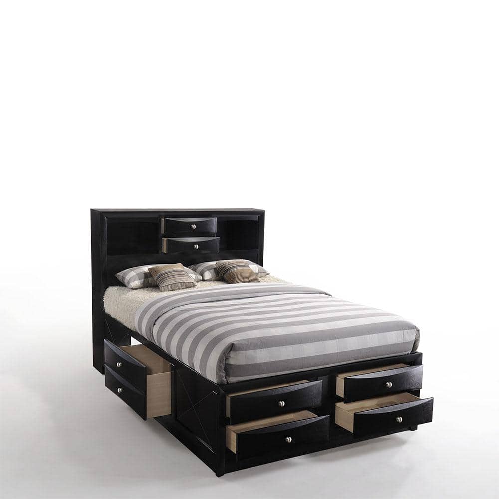 Transitional Black Queen Storage Bed with Nickel Accents and Bookcase Headboard