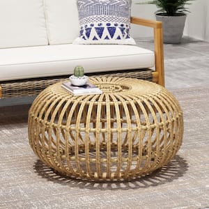 Round Wicker Outdoor Side Table with Faux Rattan Weave