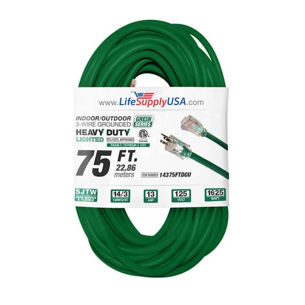 LifeSupplyUSA 75 ft. 14-Gauge/3 Conductors SJTW 13 Amp Indoor/Outdoor Extension Cord with Lighted End Green (1-Pack)