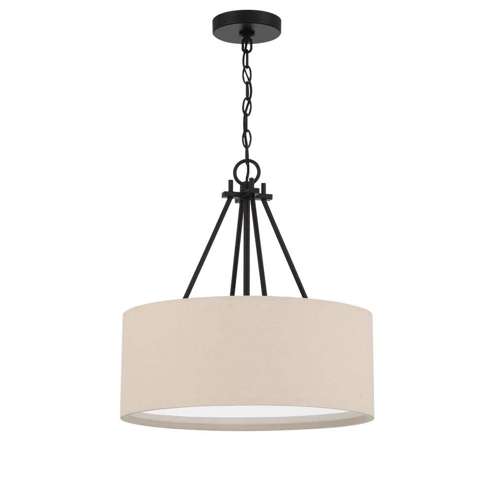Duke Flat Black 3-Light Pendant with Beige Linen Drum Shade