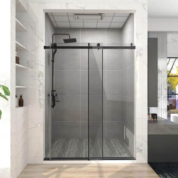 Maincraft 60 in. W x 76 in. H Single Sliding Frameless Corner Shower Enclosure in Matte Black with Clear Glass