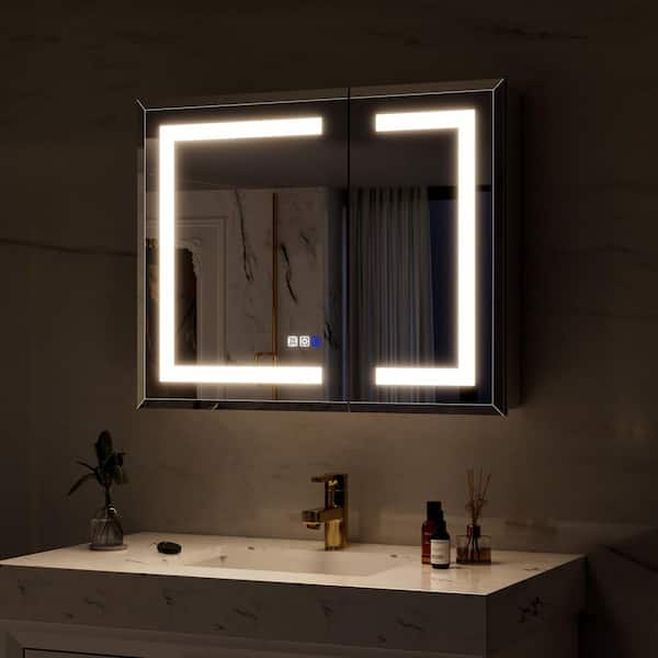 Bevel Edge 30 in. W x 24 in. H Rectangular Aluminum Recessed/Surface Mount LED Medicine Cabinet with Mirror, DTC Hinge