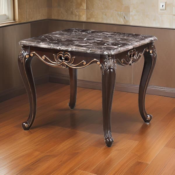Benjara 26 in. Brown, Gray, White and Gold Square Marble End Table with Carved Gold Accents