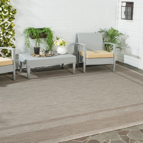 Courtyard Beige/Brown 7 ft. x 7 ft. Square Striped Indoor/Outdoor Patio  Area Rug