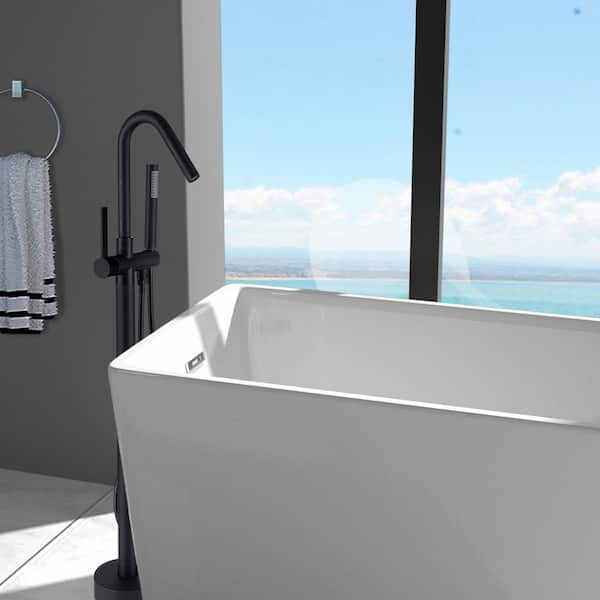 Single-Handle Freestanding Tab Faucet Bathtub Filter with Handheld Shower in Matte Black