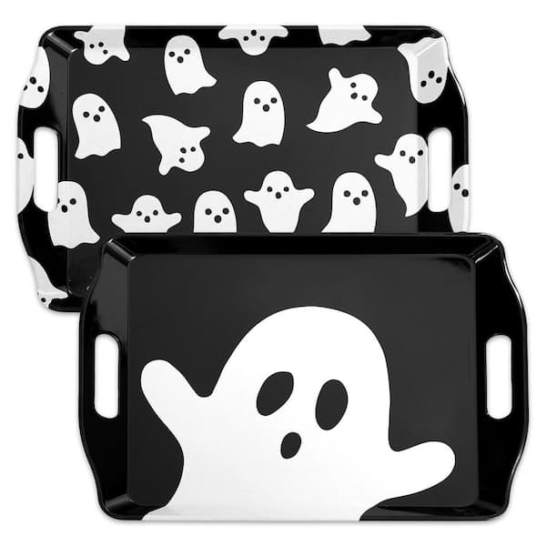 14.2 in. Ghost Black White Wood Serving Board with Handles, Halloween Party Set