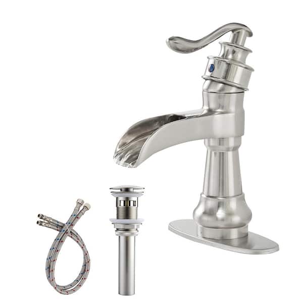 BWE Waterfall Single Hole Single-Handle Low-Arc Bathroom Faucet With Pop-up Drain Assembly in Brushed Nickel