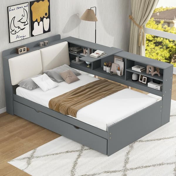 Gray Wood Frame Twin Size Platform Bed with Trundle and Upholstery Storage Headboard