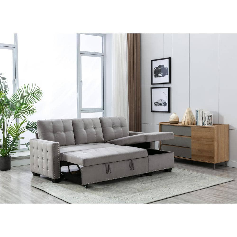 Ashlyn Light Gray Tufted Fabric Sectional with USB Ports and Storage