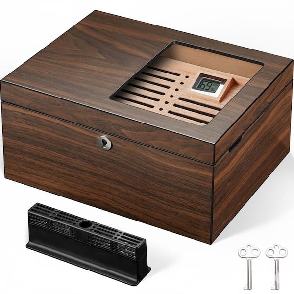 14 in. W x 6 in. H Brown Wood Spanish Cedar Cigar Humidor Box w/ Ventilation Grid, Digital Hygrometer and Lock