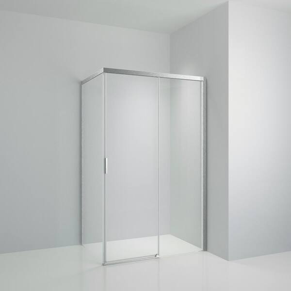 Tileon 48 in. W x 76 in. H Square Sliding Semi-Frameless Corner Shower Enclosure in Brushed Nickel with Clear Glass and Handle